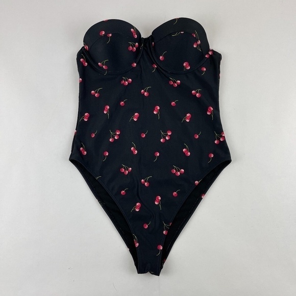 Forever 21 Swimsuit Womens Black Cherries One Piece Strapless - Picture 1 of 8